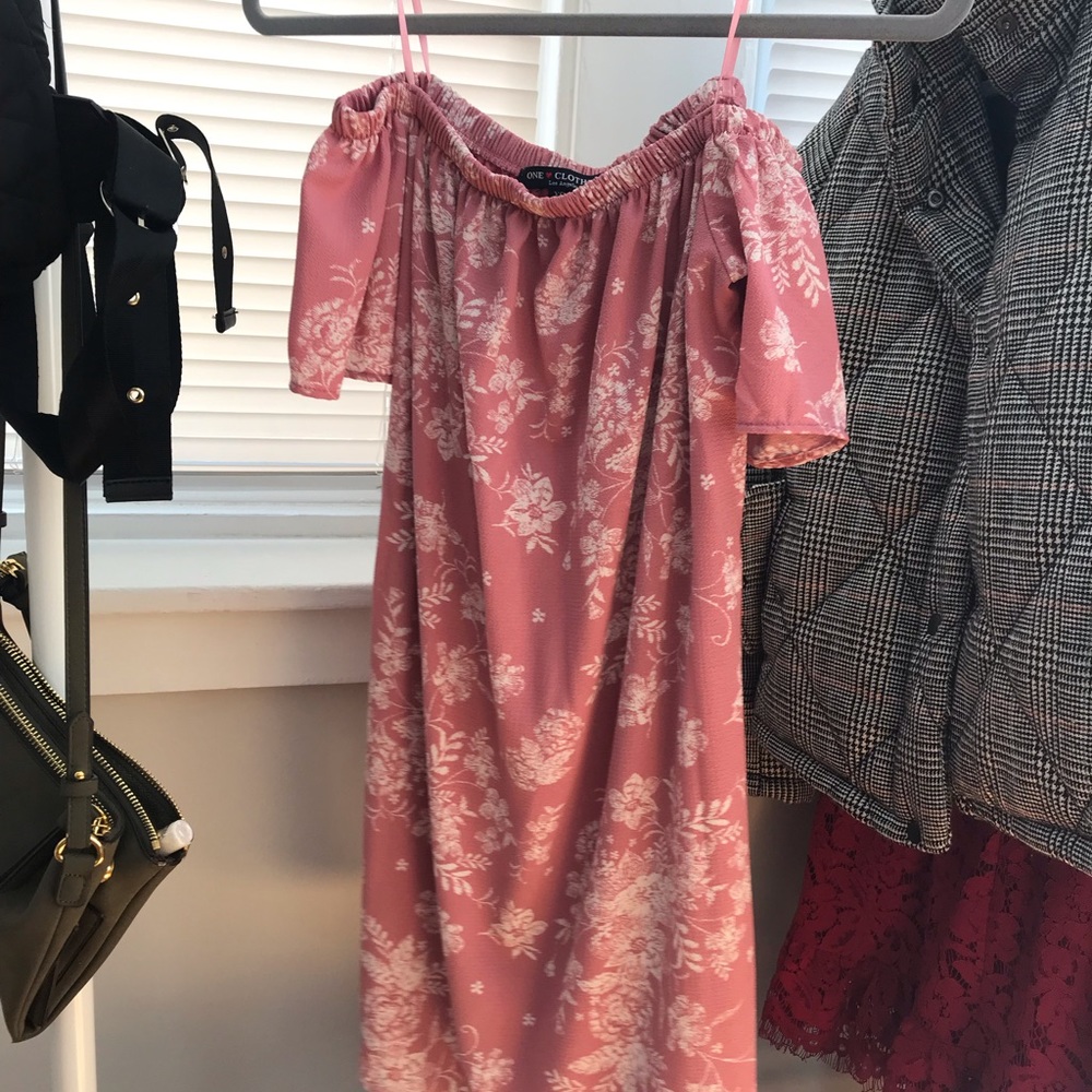 off the shoulder blush/rosy pink patterned dress